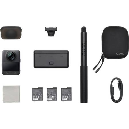 DJI Osmo 360 Adventure Combo - kamera 360° 8K30 z matrycą 1” i trybem sportowym + akcesoria, zawartość zestawu